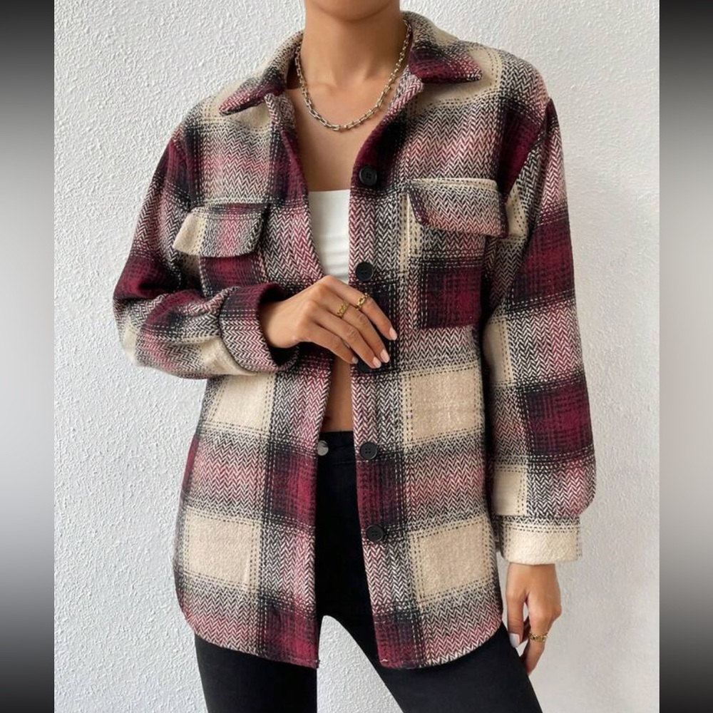 Boho plaid button up flap pocket overcoat